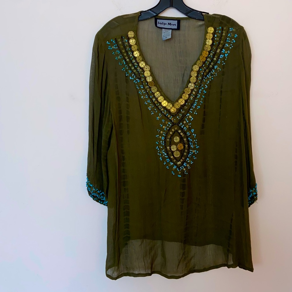 Indigo Moon green sheer coverup top with blue and gold beads throughout size XL